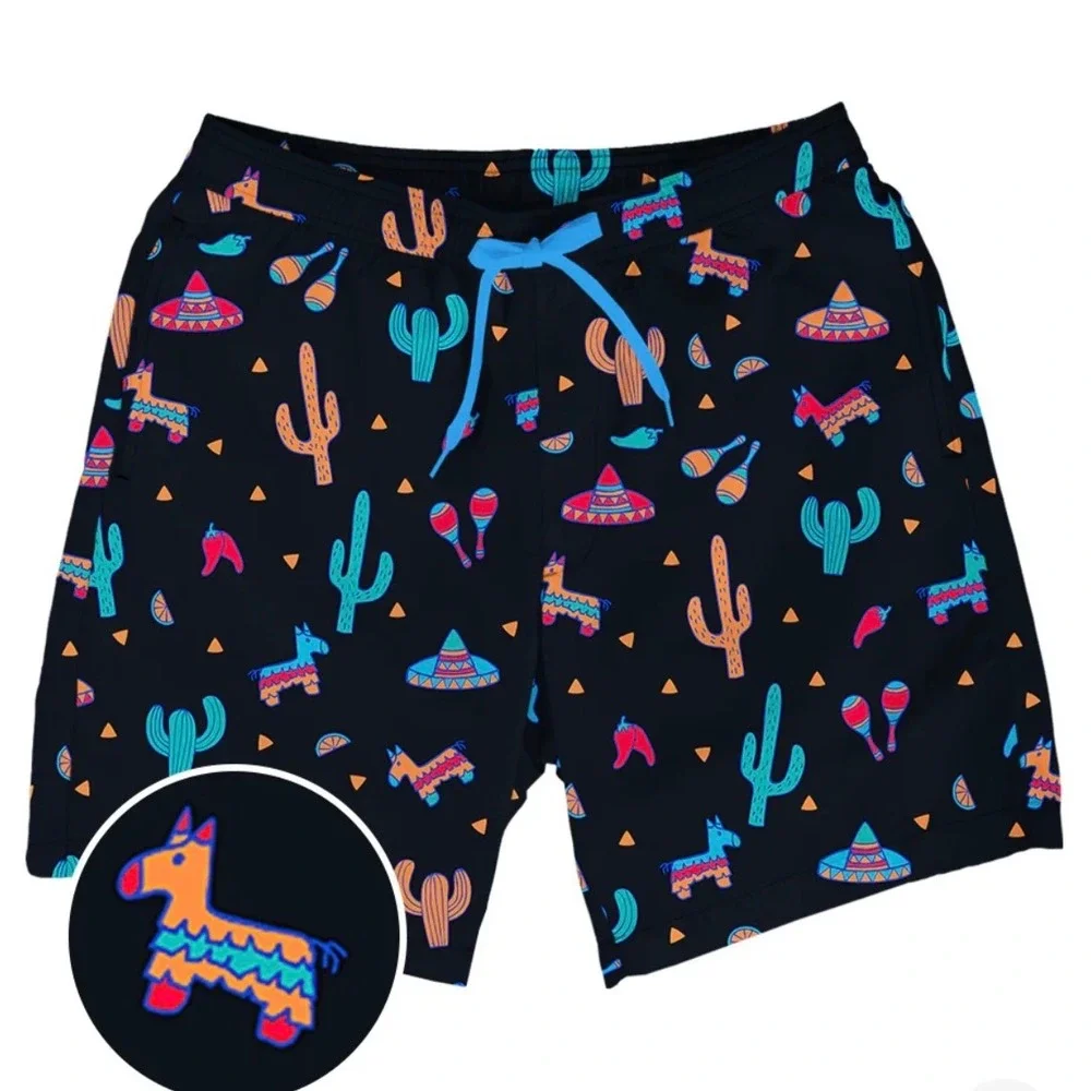 Men's Fiesta Cactus Pinata Swim Trunks Black‎ Blue Orange Size Large